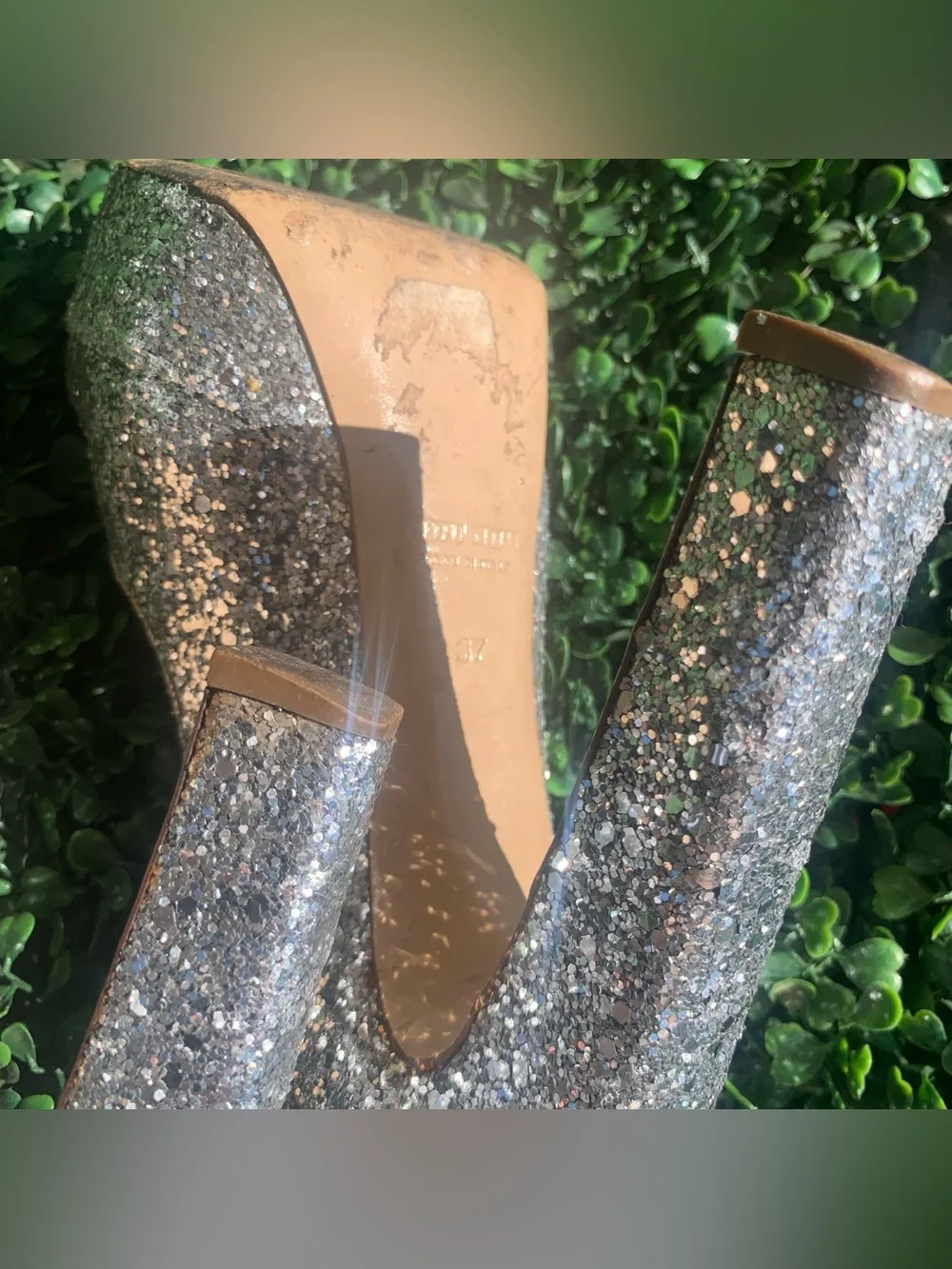 Refurbished Miu Miu silver glitter platform high chunky heels Sz 37 w/ 5” heel